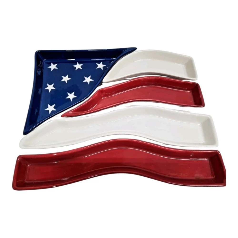 Home Interiors American Flag Ceramic Serving Platter Set - Patriotic